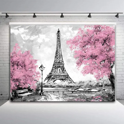 Vista 3 de Telón de fondo de fotografía de París, torre Eiffel, fondo de paisaje de ciudad europea, tapiz rosa para colgar en la pared, decoración para sala