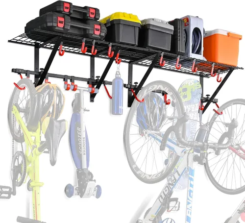 Vista 8 de PLKOW Estantería de pared de garaje, paquete de 4 unidades, incluye ganchos para bicicleta, estante de garaje ajustable y resistente organizador