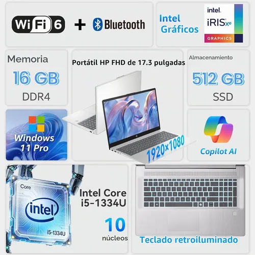 Vista 2 de HP Computadora portátil empresarial de 17 t, pantalla antirreflejos FHD de 17.3 pulgadas, Intel 10-Core i5-1334U, 16 GB de RAM + 512 GB SSD, teclado