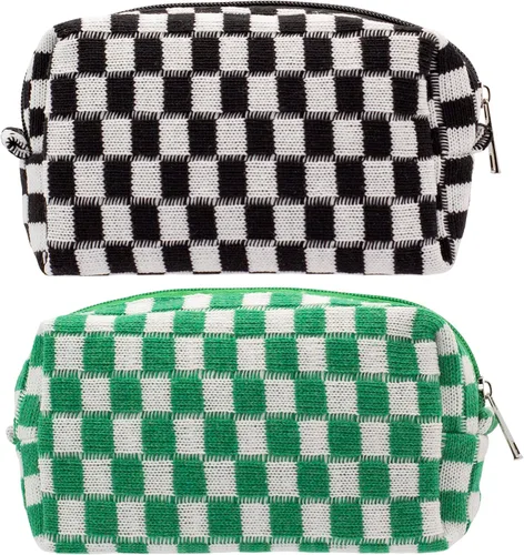 Vista 67 de PAZIMIIK Bolsa de Maquillaje a Cuadros para Bolso Portátil con Cremallera, Estuche Pequeño de Cosméticos para Accesorios de Viaje, Azul Ártico