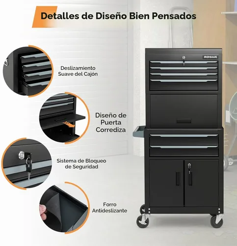 Vista 8 de IRONMAX Cofre de herramientas de acero 3 en 1, 6 cajones y compartimento