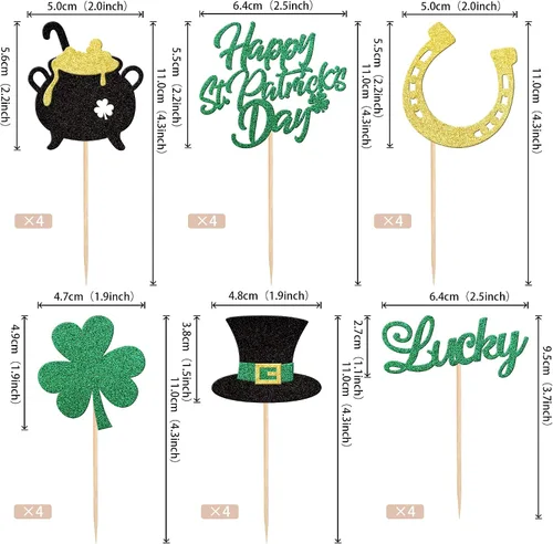 Vista 2 de 24 piezas de adornos para cupcakes del día de San Patricio, trébol con purpurina de tres hojas, trébol de la suerte, para cupcakes, sombrero
