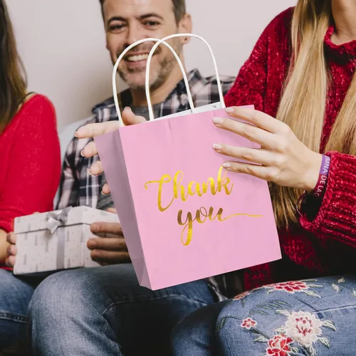 Vista 6 de 30 bolsas de regalo de agradecimiento con papel de seda dorado con asas para bodas, cumpleaños, negocios, compras, baby showers, recuerdos de Rosado