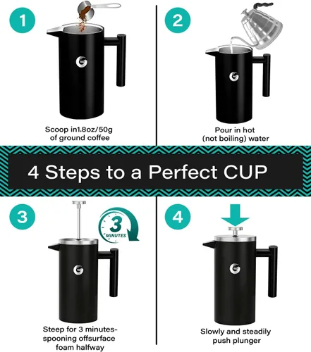 Vista 7 de Coffee Gator - Cafetera de prensa francesa de acero inoxidable 304 de 34 oz, tetera para té y café de doble pared aislada con sistema de filtración