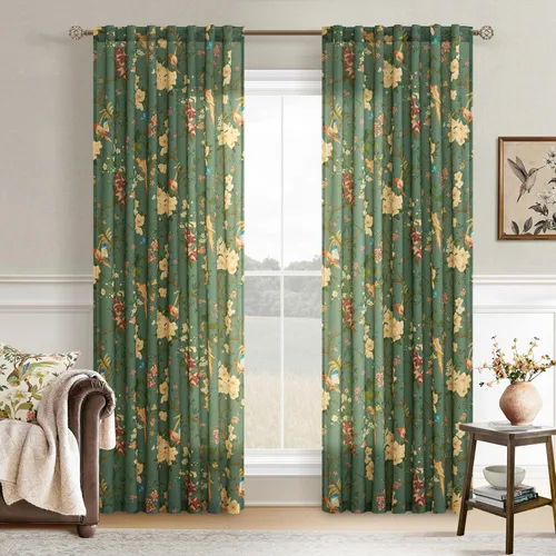 Vista 39 de Cortinas de lino de pájaro floral azul 2 paneles de 72 pulgadas de largo Aqua Blue