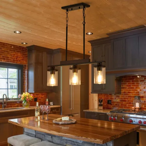 Vista 3 de Iluminación de Isla de Cocina, Lámpara de Comedor Estilo Granja Rectangular de 3 Luces Sobre Mesa, Luces Colgantes de Madera para Isla de Cocina