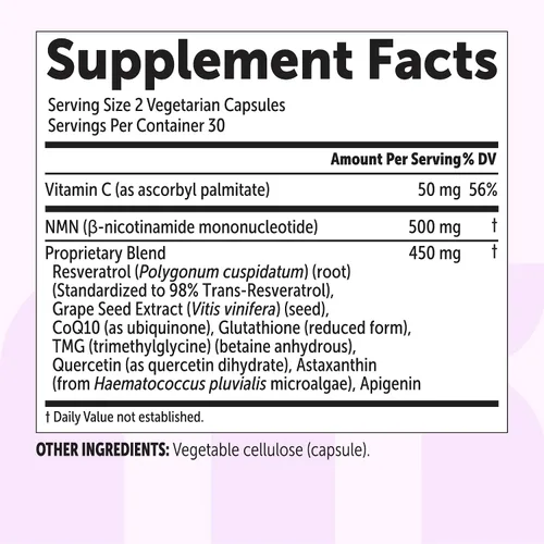 Vista 6 de Complejo NMN 1,000 mg por porción, 60 cápsulas vegetales 10 en 1 con mononucleótido de nicotinamida, vitamina C, resveratrol, CoQ10, TMG