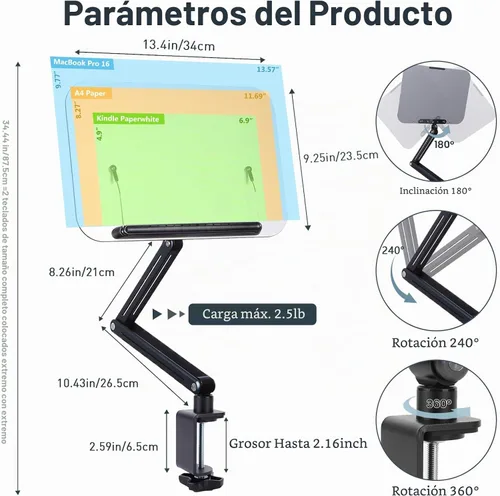 Vista 2 de ASIEIT Soporte para libros con abrazadera de escritorio, soporte de aluminio para libros de altura y ángulo ajustables, soporte para libros de Negro