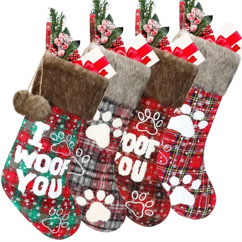 Vista 9 de Skylety 2 medias navideñas para perros y mascotas, de 20 pulgadas, a cuadros, de felpa, de piel sintética, adorno colgante de Navidad con letra