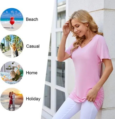 Vista 4 de Anydoll - Camisetas fruncidas para mujer, para primavera y verano, túnicas de manga corta con cuello en V, camisetas informales y elegantes