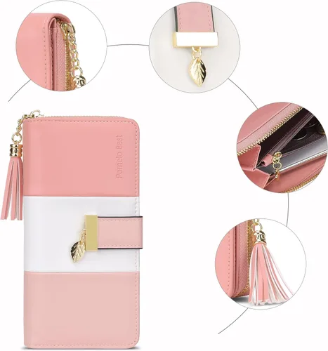 Vista 5 de Carteras RFID para mujer con múltiples ranuras para tarjetas y compartimento para teléfono celular, cartera para mujer, Rosa SakuraBlancoRosa