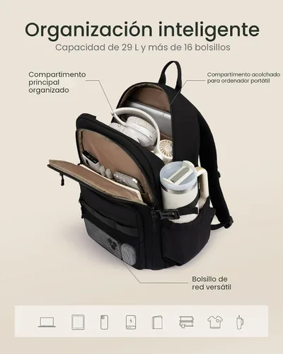 Vista 4 de LOVEVOOK Mochila para laptop para mujeres/hombres con correa de hebilla mejorada para portavasos y bolsillo de malla versátil, Negro, 15,6 pulg.