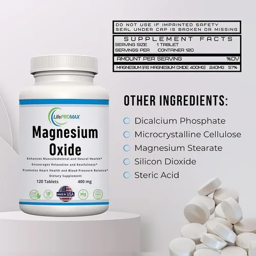 Vista 3 de Suplemento de magnesio de 400 mg [alta potencia] – Óxido de magnesio para apoyo inmunológico, recuperación muscular, calambres en las piernas