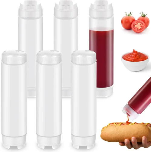Vista 7 de Sabary 6 botellas exprimibles de condimentos de 16 onzas, botella de plástico invertido para salsas y líquidos, botellas de condimentos recargables