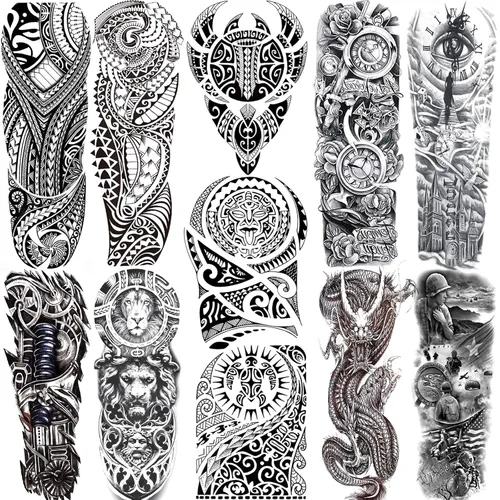 Vista 11 de 70 hojas de tatuajes temporales realistas en 3D de antebrazo, lobo, tigre, león, para hombres y mujeres, brazo del muslo, calavera aterradora