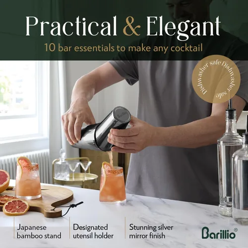 Vista 4 de Barillio Black Mixology - Kit de barman con soporte, juego de coctelera con soporte de bambú, coctelera Boston, Mojito Muddler y cuchara mezcladora
