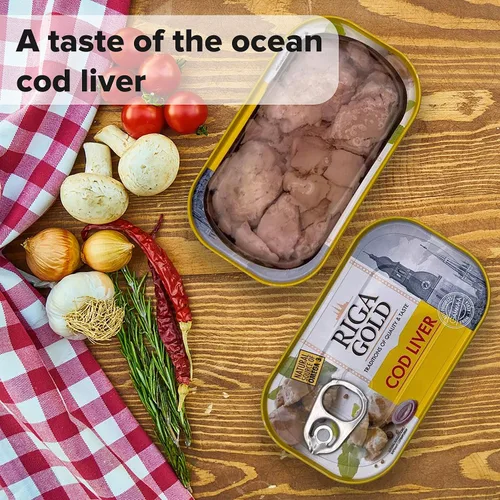 Vista 5 de Riga Gold Hígado de bacalao en aceite propio 4.27 oz/ 121g de Islandia (paquete 3)