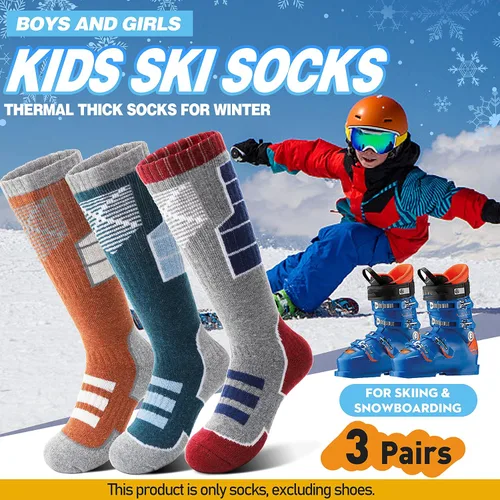 Vista 2 de Anlisim Calcetines de esquí de lana merino para niños, 3 pares de calcetines térmicos de invierno cálidos y gruesos transpirables para esquí