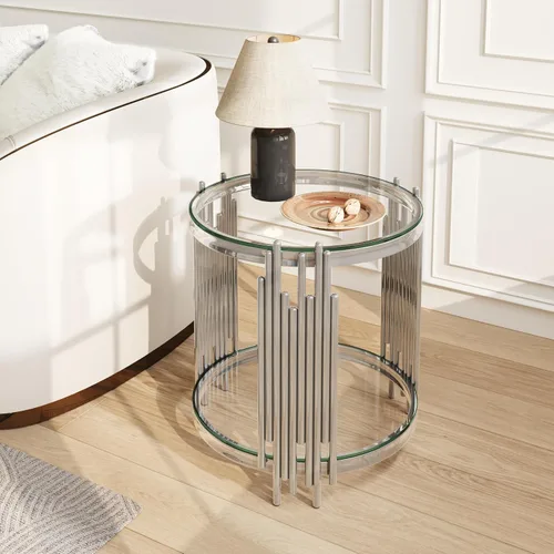 Vista 14 de Mesa auxiliar redonda de vidrio de 20 pulgadas, mesa auxiliar circular dorada de 2 niveles con patas de acero inoxidable y vidrio templado negro