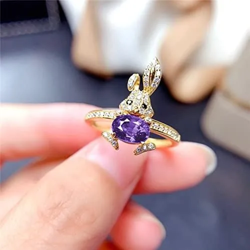 Vista 3 de Conjunto de anillos de collar de conejo de cristal morado con dije de oro amarillo vintage para mujer, conjunto de boda nupcial de lujo