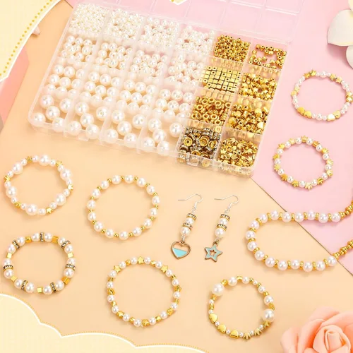 Vista 4 de Audab Cuentas de perlas para hacer pulseras, 970 cuentas espaciadoras de perlas y doradas para hacer joyas