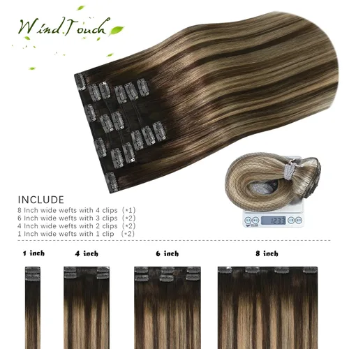 Vista 32 de WindTouch - Extensiones de cabello humano real con clip, color marrón claro a rubio con reflejos #6P613, 22 pulgadas, 4.33 onzas, 7 piezas #6p613