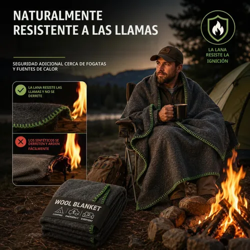 Vista 5 de Manta de Lana para Acampada – 70% Lana Resistente de Servicio Pesado Estilo Militar, Cálida y Lavable, Manta Ignífuga para Emergencias Gris