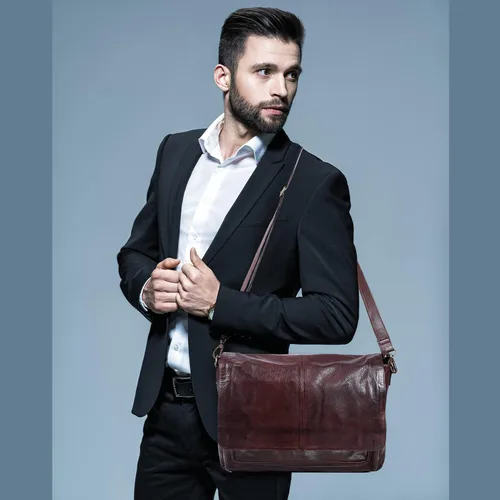 Vista 7 de Bolso de mensajero de cuero real para hombres y mujeres Maletín para laptop para oficina, universidad, correa de hombro ajustable