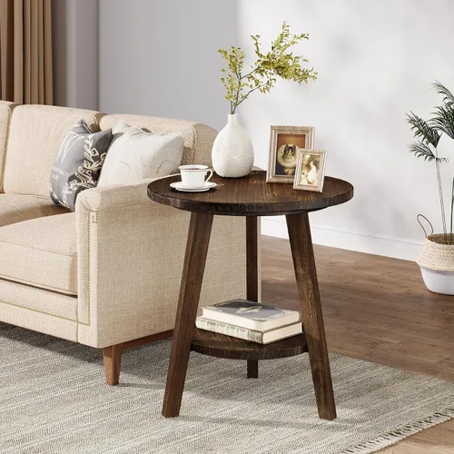 Vista 4 de Mesa de noche redonda de madera maciza, mesa auxiliar para sofá con estante de almacenamiento, mesita de noche de estilo granja para sala de estar