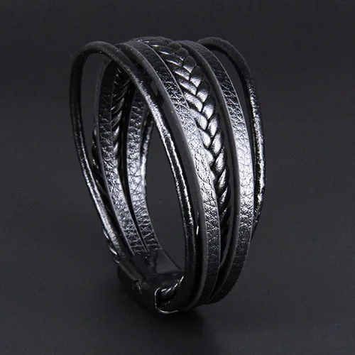 Vista 2 de Long tiantian Mens Bracelet Bracelet for Men Leather Cuff Bracelet Black Leather Wrap Bracelet Studded Boho Cuff Bracelets Handmade Splicing Bangle