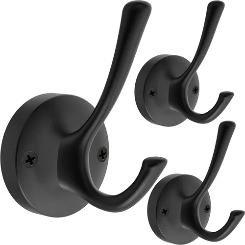 Vista 18 de TOFIIGREM Ganchos negros para toallas, paquete de 2 ganchos de metal resistente para bata de baño, gancho doble montado en la pared, ganchos