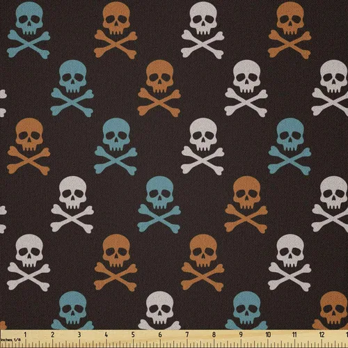 Vista 47 de Ambesonne The Yard, tela de calavera colorida con temática de Halloween, diseño de calavera y huesos cruzados, divertido estampado de dibujos