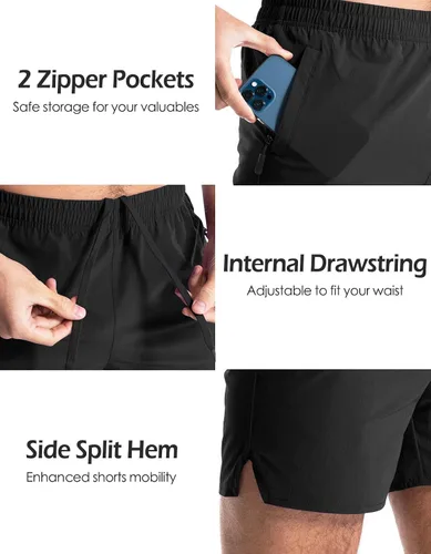 Vista 3 de Aolesy Pantalones cortos de gimnasio para hombre, de secado rápido, de 5 pulgadas, con bolsillos con cremallera, pantalones cortos deportivos