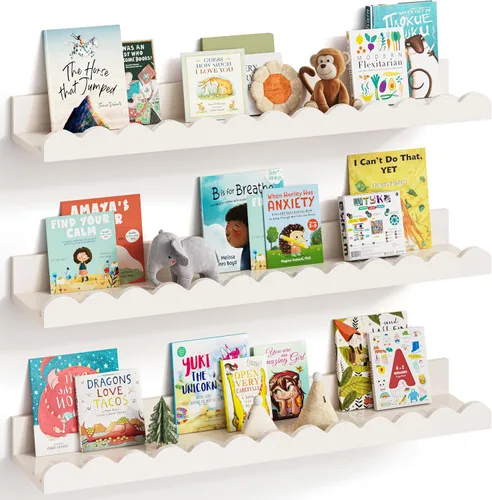 Vista 10 de G&W Gruwald Juego de 3 estantes para libros de guardería, decoración de guardería para bebés y niños pequeños, estantes festoneados, estante
