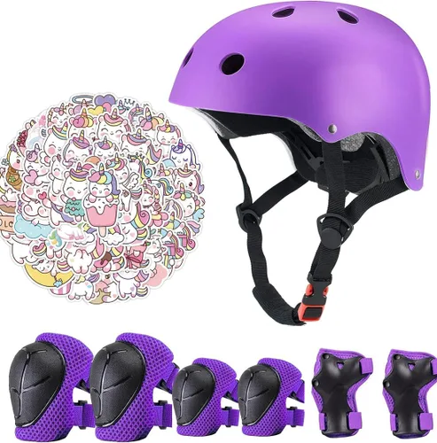 Vista 14 de Juego de casco de bicicleta para niños, certificado CPSC con rodilleras, coderas, muñequeras, casco negro ajustable para niñas de 2-3-5-8 años