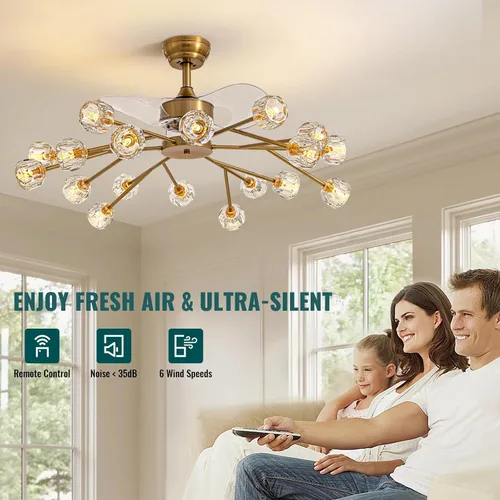 Vista 3 de Siljoy - Ventilador de techo de cristal moderno con 18 luces y control remoto, candelabro de cristal estilo Sputnik en latón dorado estilo granja