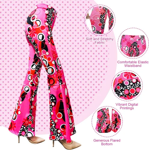 Vista 6 de ATAMET Accesorios de disfraces de mujer de los años 60 y 70, pantalones hippie, pantalones bohemios, acampanados, pantalones retro para fiestas
