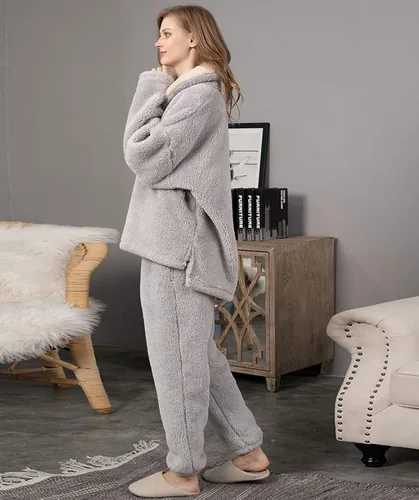 Vista 4 de BTPEIHTD Conjunto de pijama mullido para mujer, ropa de dormir de forro polar, sudadera de gran tamaÃ±o y pantalones sueltos
