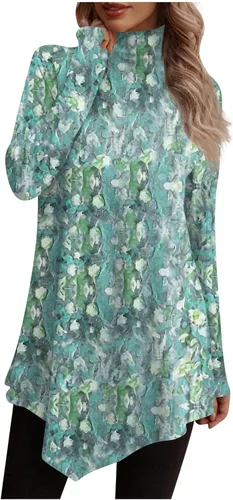 Vista 5 de Camisetas de manga larga para mujer, estilo casual, cuello alto, dobladillo irregular, holgadas, con estampado floral
