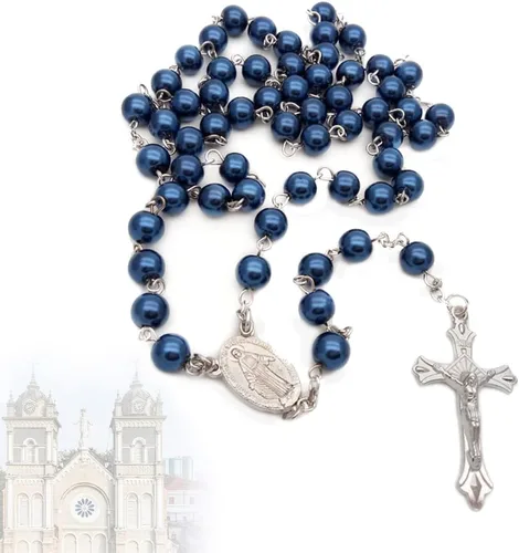Vista 8 de Surakey Collar de rosas cruzadas, rosario de malaquita, cuentas de piedras preciosas, collar milagroso natural, crucifijo católico, oración