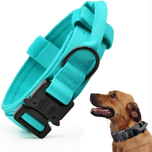 Vista 9 de Collar táctico para perro, collar ajustable de nailon para entrenamiento militar con mango de control y hebilla metálica de liberación rápida pesada