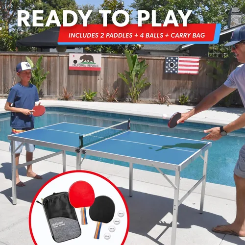 Vista 5 de GoSports - Juego de tenis de mesa de tamaño mediano – Rojo o azul – Juego de tenis de mesa portátil para interiores y exteriores con red, 2 raquetas