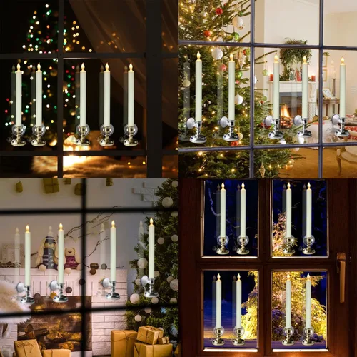 Vista 2 de Velas de Ventana Sin Llama con Control Remoto y Temporizador, Velas LED Cónicas Operadas por Batería con Ventosas Juego de 6 Velas de Ventana de A-6