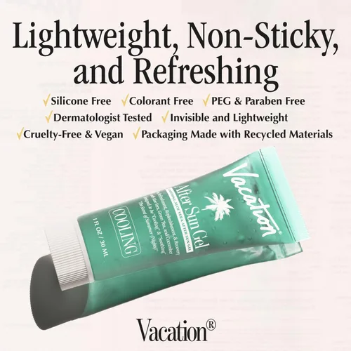 Vista 5 de VACATION Mini Gel After Sun, gel calmante de aloe vera de tamaño de viaje para aliviar quemaduras solares, hidratación y enfriamiento, cuidado