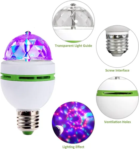 Vista 6 de Bombilla LED de bola, 3W E27, RGB, cristal giratorio, luz de escenario, con rotación automática por voz (1 unidad)