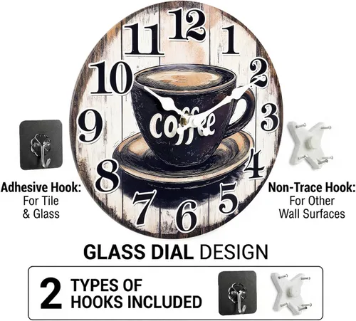 Vista 6 de Reloj de pared vintage con letrero de café para cocina, estilo rústico, funciona con pilas, para cocina/cafetería/comedor/hogar (12 pulgadas)