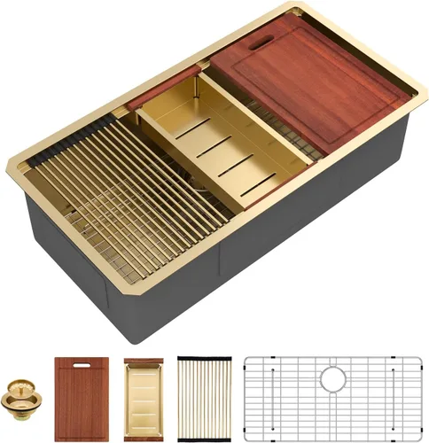 Vista 31 de Sarlai Fregadero de cocina empotrado de 30 pulgadas dorado - Fregadero de cocina de 76,2 cm x 45,7 cm con repisa para estación de trabajo de acero