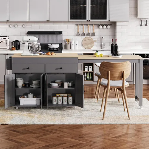 Vista 22 de RUNNA Isla de cocina acanalada de 82.6 pulgadas con mesa de comedor extensible para 4-6, mesa de isla para cocina con toma de corriente, mesa