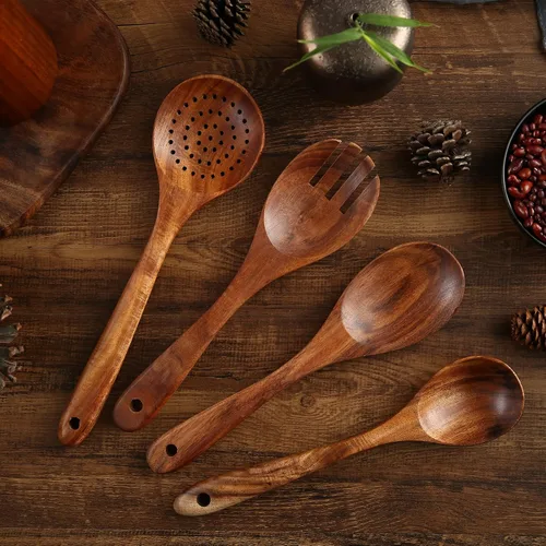 Vista 7 de Juego de utensilios de cocina de madera, 7 cucharas y espátulas de madera de teca natural para sartén antiadherente