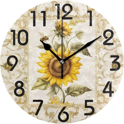 Vista 11 de Reloj de pared redondo retro de otoño con dos gnomos y calabaza de 10 pulgadas, funciona con pilas, reloj de escritorio analógico silencioso sin